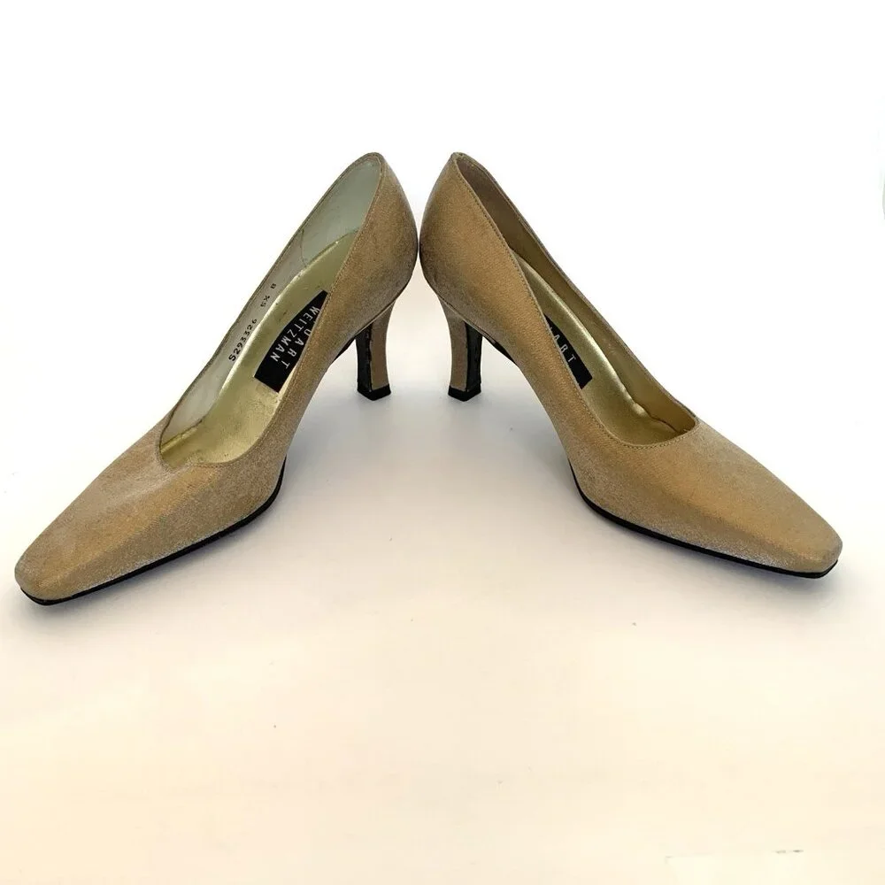 Stuart Weitzman Womans Size 5 1/2 B Gold Satin Square Toe Pumps High Heel Shoes - Picture 3 of 15